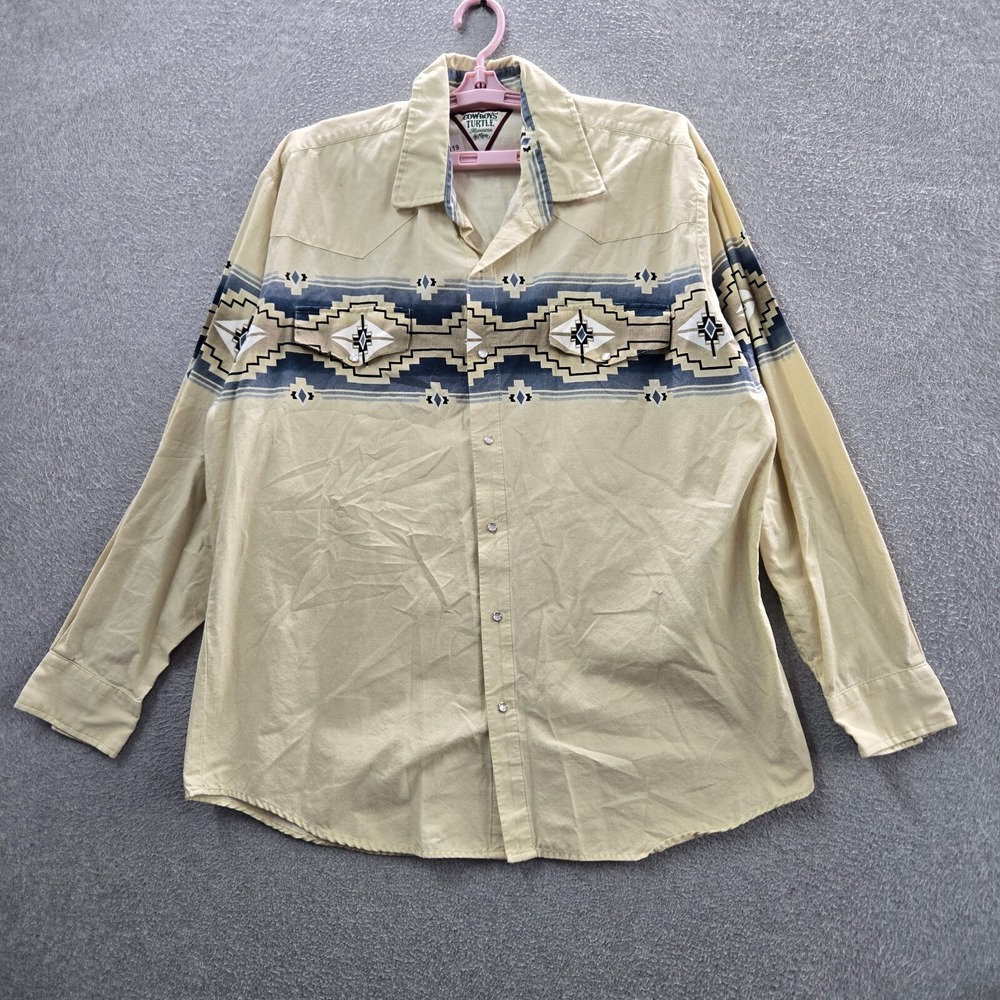 VINTAGE Cowboys Turtle By Roper Men Button Up Shirt XL‎ Cream Aztec Western 90s